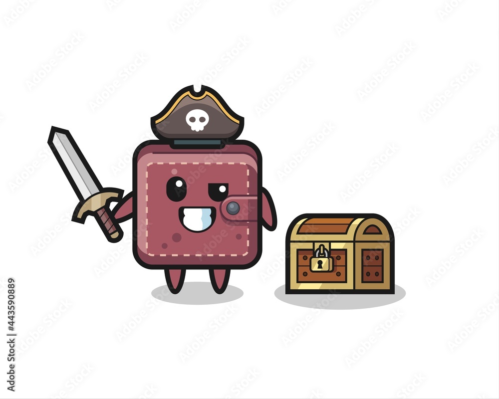 the leather wallet pirate character holding sword beside a treasure box the leather wallet pirate character holding sword beside a treasure box
