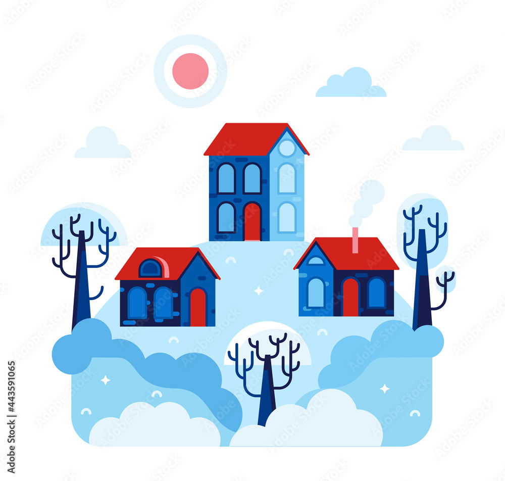 Vector illustration with houses with red roofs. Wwinter cartoon flat design Vector illustration with houses with red roofs. Wwinter cartoon flat design