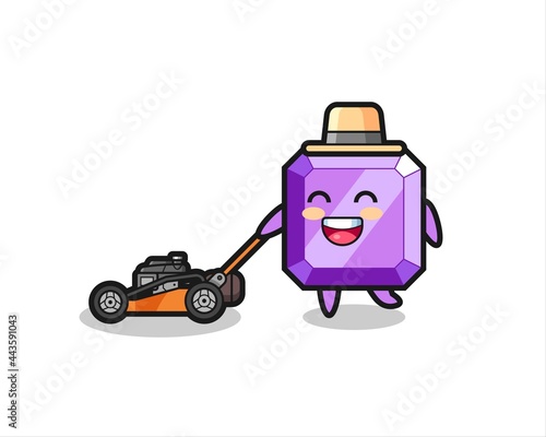 illustration of the purple gemstone character using lawn mower