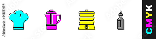 Set Chef hat, Teapot, Slow cooker and Bottle of olive oil icon. Vector