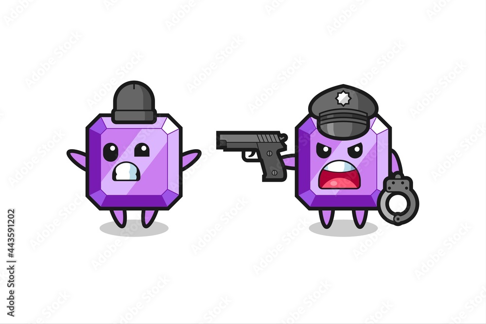 illustration of purple gemstone robber with hands up pose caught by police illustration of purple gemstone robber with hands up pose caught by police