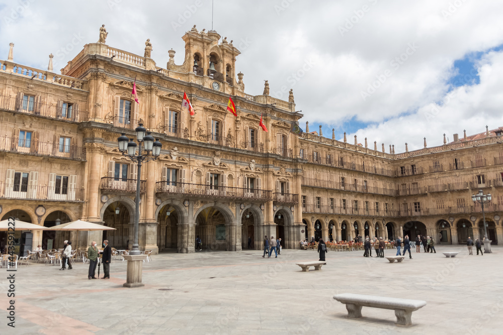 View at the baroque public plaza, 18th century, Plaza Mayor in Salamanca downtown city, tourist people visiting