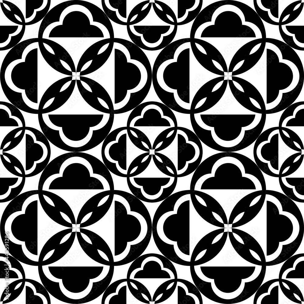  Monochrome background with abstract shaps. Regular modern black and white pattern.Abstract background for textile design, surface textures, wrapping paper.