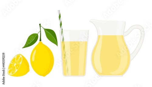 Lemonade or lemon juice. Glass and jug of lemonade, lemon fruit. Summer yellow cocktail. Drink Advertising for pub, bar, restaurant menu, party decor, beverage template