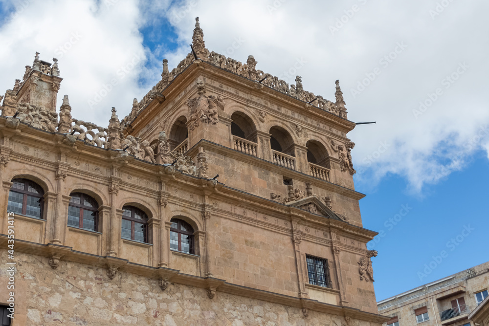 Detailed view at the Monterrey's palace tower building, Palacio de Monterrey, a cross of late gothic and plateresque renaissance styles and a historical building on Salamanca downtown