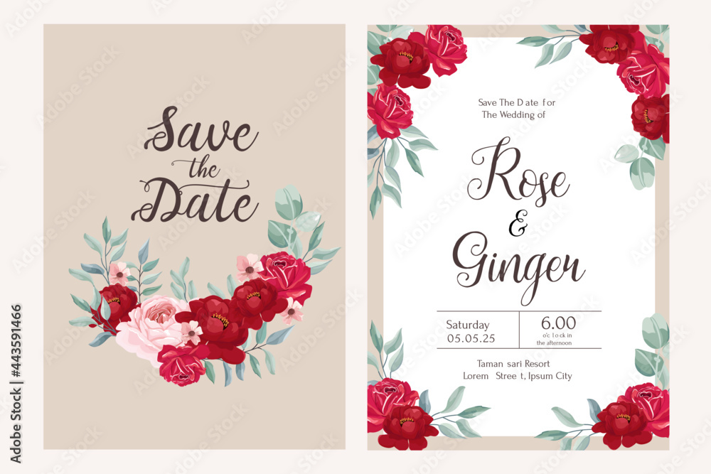 Elegant wedding invitation card with beautiful floral and leaves