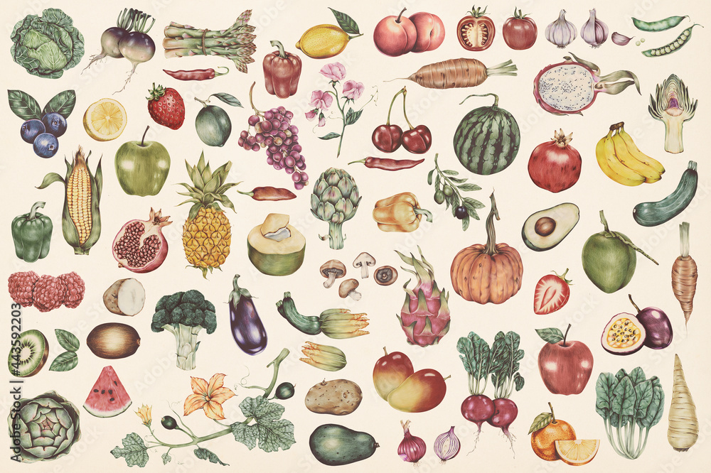 Hand drawn vegetables and fruits patterned background illustration - obrazy, fototapety, plakaty 