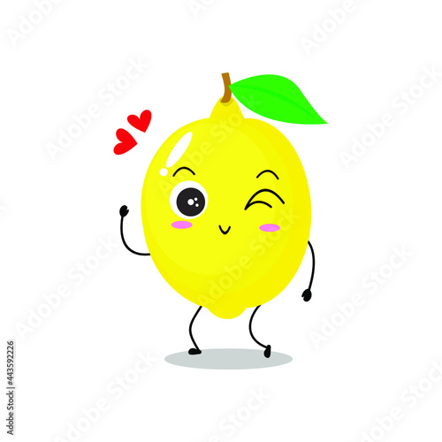 Vector illustration of a flat lemon character with cute flirty smile expression isolated on white background, collection of simple minimal style, fresh fruit for mascot, emoticon