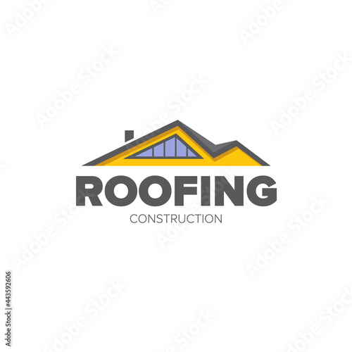 Roofing construction logo design template with roof top and slogan siolated on white background. Vector Real estate logo or label with stylized roof