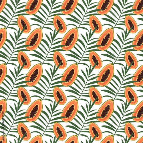 Bright summer seamless pattern with papaya fruits and palm leaves. Exotic tropical print, food background for textile, paper and design