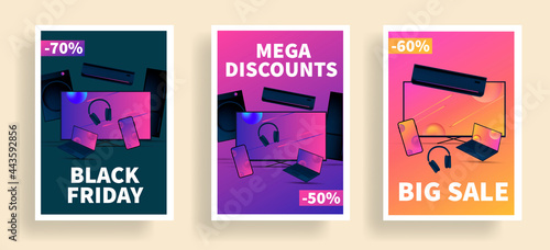 Black friday sale banners set or posters with 3d illustration of different household and electronics gatgets