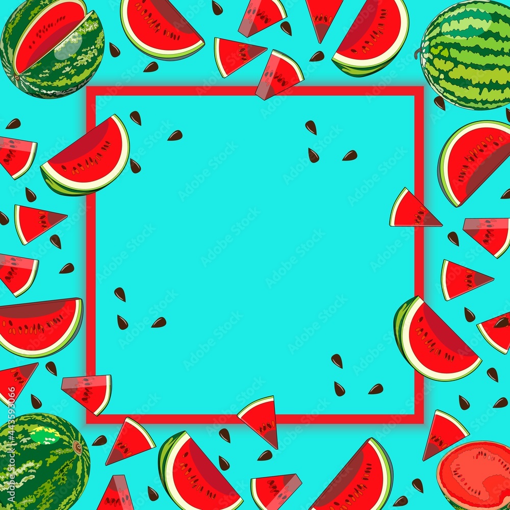 National watermelon day. Banner with whole and sliced, half and quarter of watermelon. Watermelons in cartoon style. Watermelon day. Square template. Vector illustration isolated on yellow background. National watermelon day. Banner with whole and sliced, half and quarter of watermelon. Watermelons in cartoon style. Watermelon day. Square template. Vector illustration isolated on yellow background.