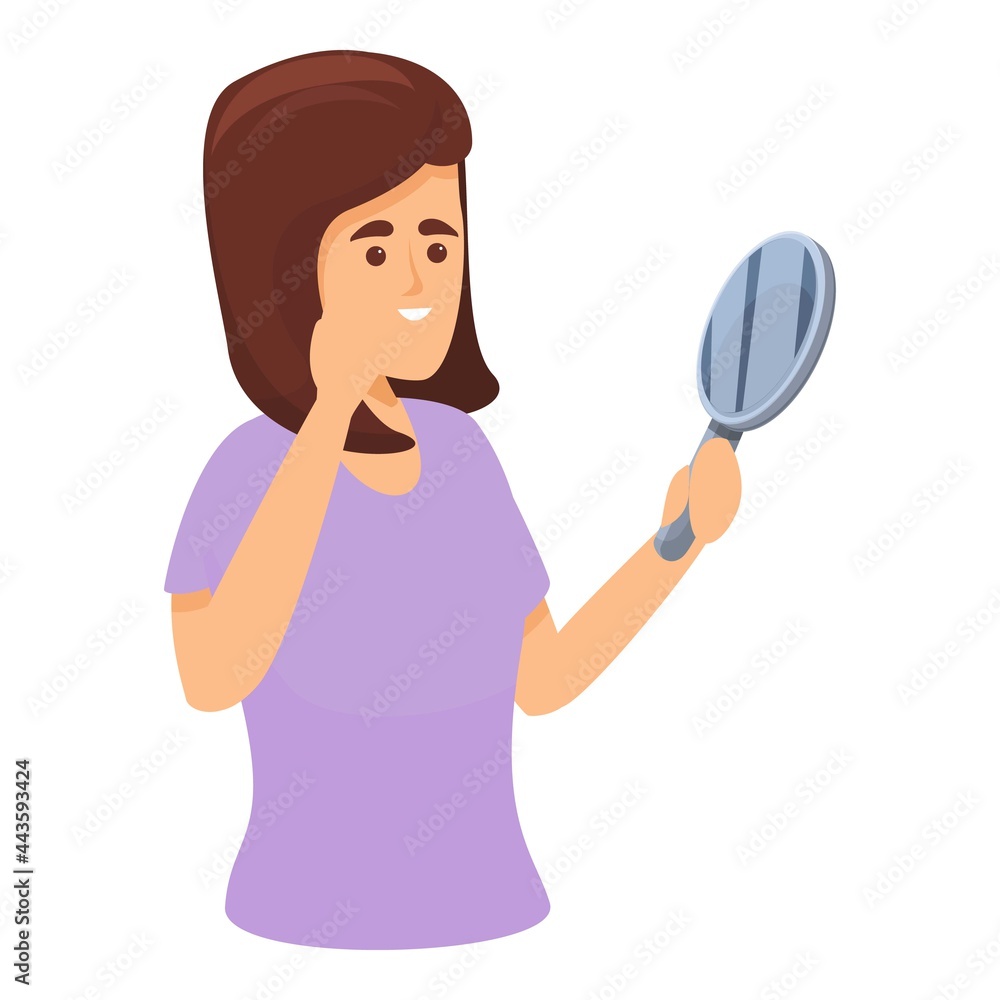 Woman hand mirror icon cartoon vector. Skin girl face. Beauty care look Woman hand mirror icon cartoon vector. Skin girl face. Beauty care look