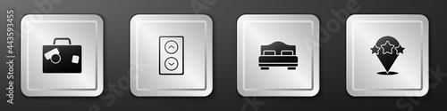 Set Suitcase, Lift, Hotel room bed and Five stars rating review icon. Silver square button. Vector