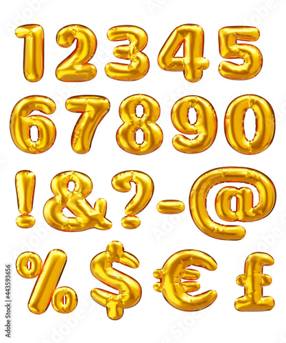 Balloon numbers. Gold metallic currency symbols. 3d vector realistic golden font. ABC foil decoration, part 3