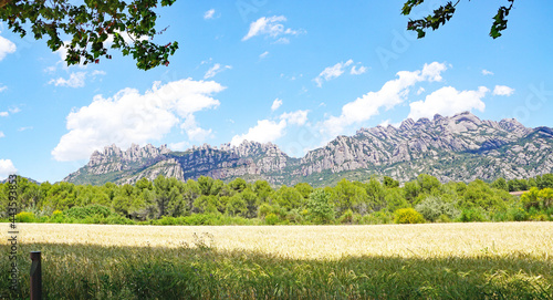 Vista de las montañas de Montserrat con ermita de la salud  desde Collbato en Barcelona, Catalunya, España, Europa
 photo