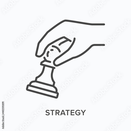 Strategy flat line icon. Vector outline illustration of pawn and hand. Black thin linear pictogram for chess competition