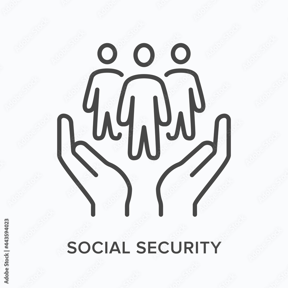 Social security flat line icon. Vector outline illustration of human hands and three persons. Black thin linear pictogram for work benefit Social security flat line icon. Vector outline illustration of human hands and three persons. Black thin linear pictogram for work benefit
