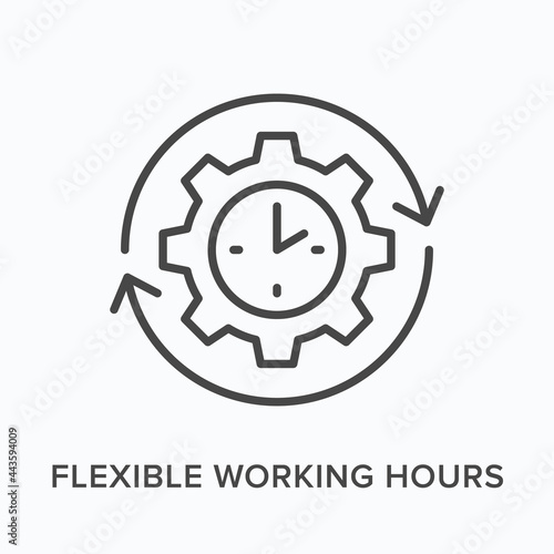 Flexible working hours flat line icon. Vector outline illustration of cogwheel and clock. Black thin linear pictogram for business management
