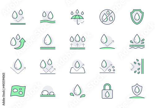 Waterproof line icons. Vector illustration include icon - shield, hydrophobic material, membrane, umbrella, oleophobic outline pictogram for anti water protect. Green color, Editable Stroke photo