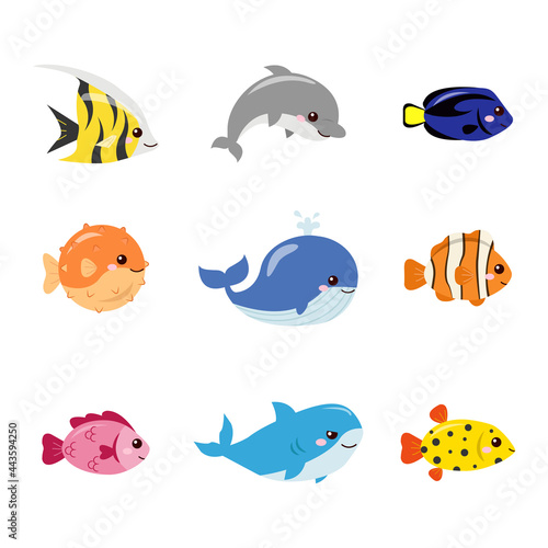 Group of cute ocean fish. Underwater animals. Flat vector cartoon design