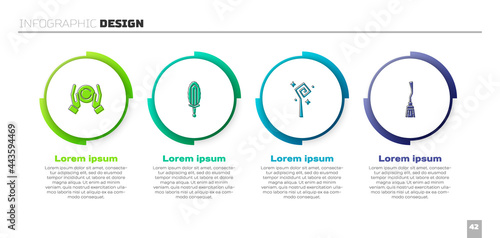 Set Magic ball on hand, sword in fire, staff and Witches broom. Business infographic template. Vector