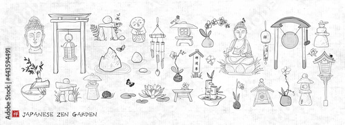 Japanese zen garden doodles on vintage rice paper background. Hieroglyphs - zen, noble, way.