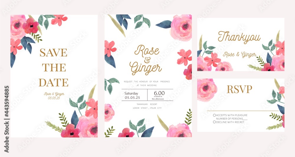set of watercolor flower wedding invitation card template