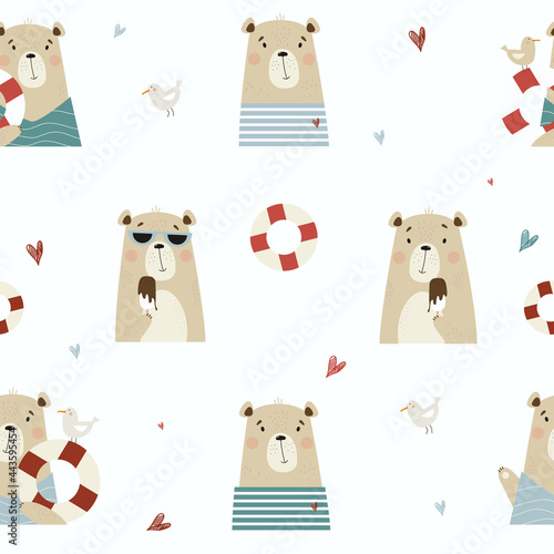 Seamless pattern with cute bears. Funny bears, sailor with a seagull and a lifebuoy, in sunglasses eats ice cream on a light background with hearts. Vector illustration in flat style For design 