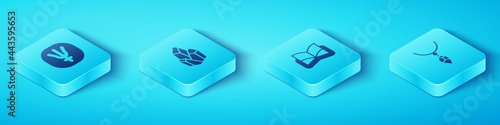 Set Isometric Neptune planet, Magic stone, Necklace with crystal and Ancient magic book icon. Vector