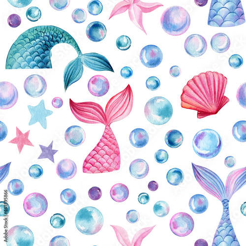 Konstfotografi Seamless pattern, sea background with mermaid tails, bubbles, seashells, starfis