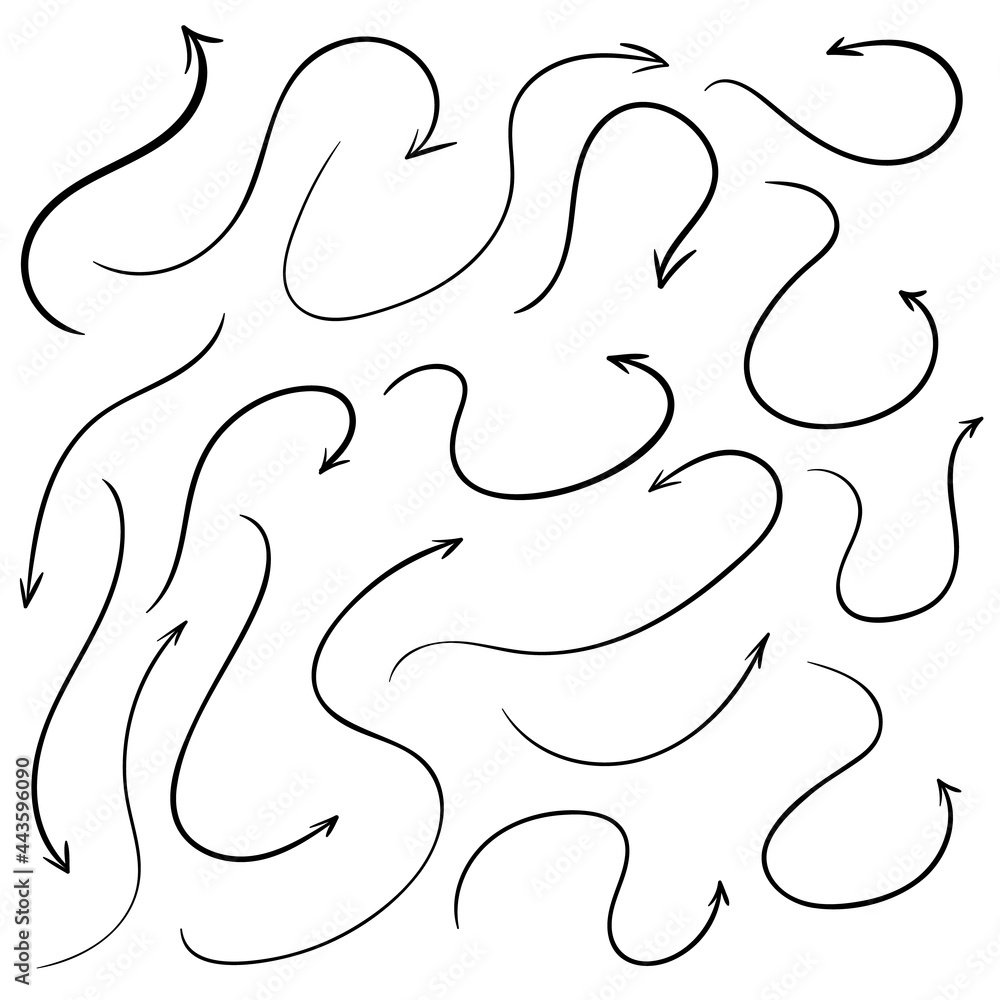 Set of vector curved arrows hand drawn. Sketch doodle style. Collection of pointers. Set of vector curved arrows hand drawn. Sketch doodle style. Collection of pointers.