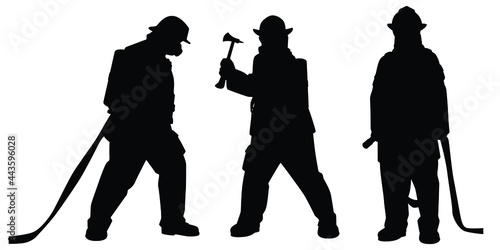 Set of firefighter with equipment silhouette vector on white background