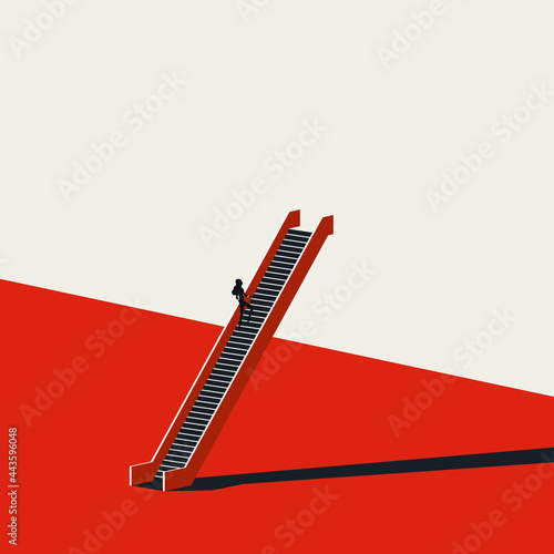 Business woman career progress, promotion vector concept. Symbol of ambition, motivation, success. Minimal illustration.