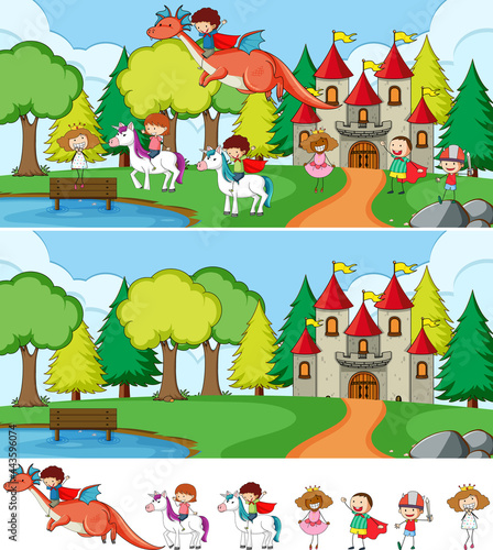 Set of different horizontal scenes background with doodle kids cartoon character