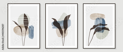 Abstract art background vector. Minimal hand painted watercolor and floral  line art illustration.  Design for wall decoration, wall arts, cover, postcards, brochure. 