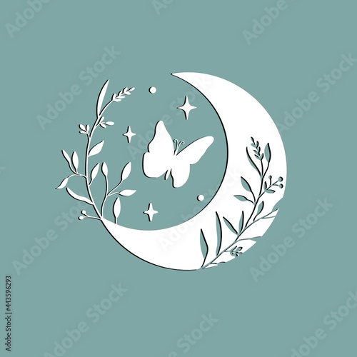 Floral crescent moon with wildflowers butterfly stars. Summer nature clipart. Design element for logos icons. Vector illustration