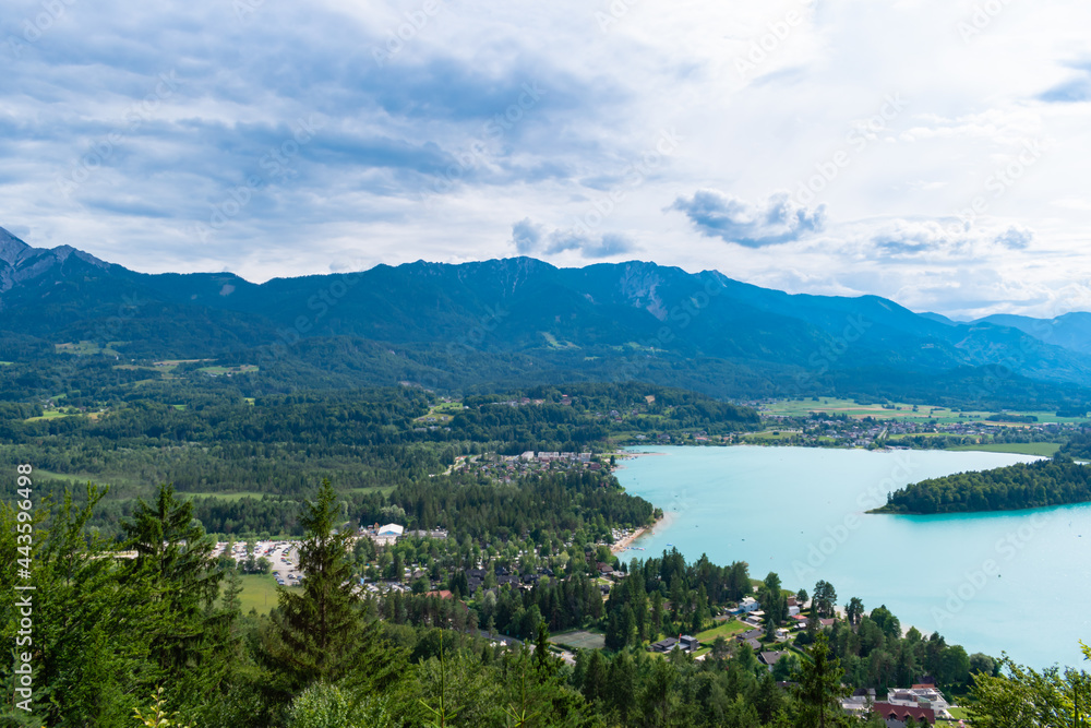 Scenic view of Faaker See with the Austrian Alps in the background,  Drobollach, Carinthia, Austria