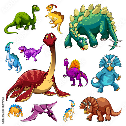 Set of isolated various dinosaurs cartoon character on white background