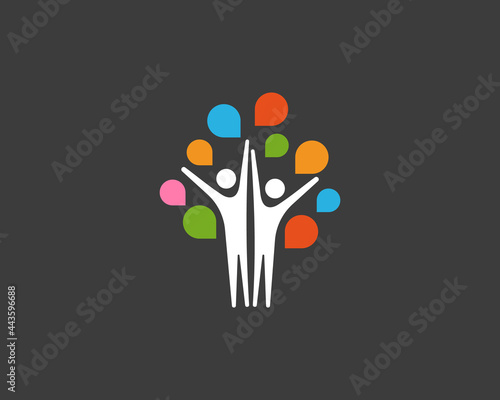 Abstract people with colorful speech bubbles logo icon design minimal style illustration. Family, teamwork, communication, social media vector emblem sign symbol logotype.
