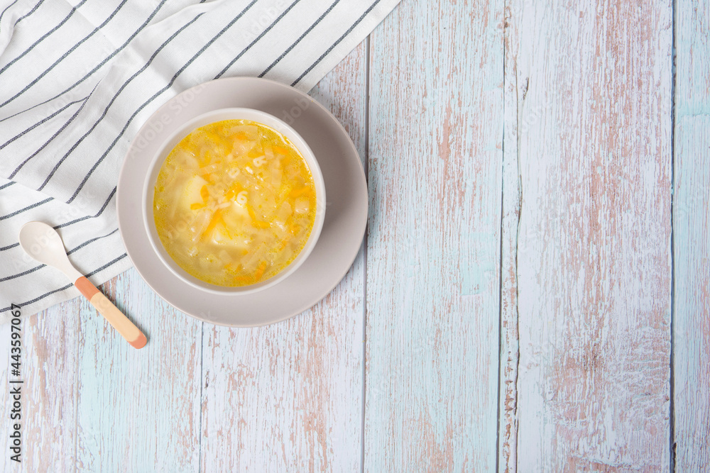 Children's menu with pasta letters, children's soup Children's menu with pasta letters, children's soup