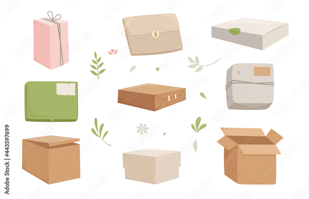 Box cardboard icons set cartoon vector. Carton delivery package Box cardboard icons set cartoon vector. Carton delivery package