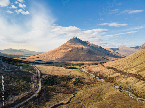 Aerial drone shot of Beinn Dorain, Scotland. - Standing 3530 ft tall, splitting the valley into two.  photo