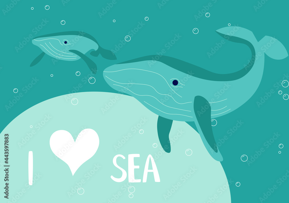 Naklejka premium Underwater scene with mother and baby blue whale on aquamarine background