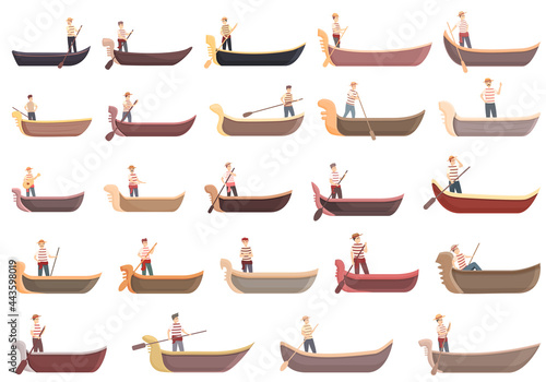 Gondolier icons set cartoon vector. Venice bridge gondola. Canal man boat