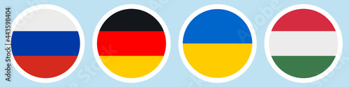 Flags of countries. Russia  Germany  Ukraine  Hungary. Collection of stickers on a white backing. Horizontal lines. Set of vector icons. Isolated background. National symbol of the state. 