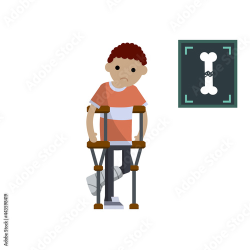 Man with a broken leg in plaster. X-ray image of the bone in the bandage. Medical care in the hospital. Cartoon flat illustration. Bone fracture. Trauma to the patient on crutches. Sad cripple