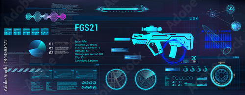 Military user interface with data and scans of weapons in the HUD style. Military control center HUD, GUI. Futuristic automatic rifle with telescopic sight for game and GUI. HUD military display.