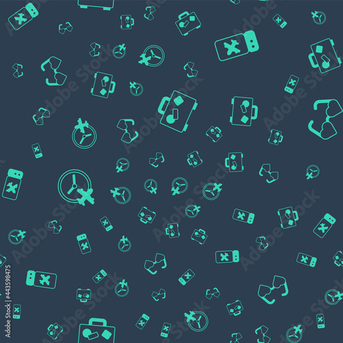 Set Suitcase, Airline ticket, Clock with airplane and Heart shaped love glasses on seamless pattern. Vector