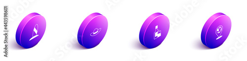 Set Isometric Surfboard, Elegant women hat, Whiskey bottle and glass and Location on the globe icon. Vector